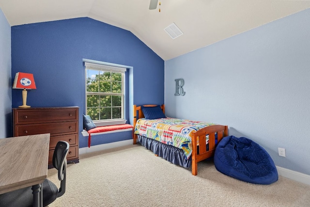 2337 Centennial Loop, Round Rock, TX 78665 - bedroom with carpet floors, vaulted ceiling, ceiling fan, and baseboards