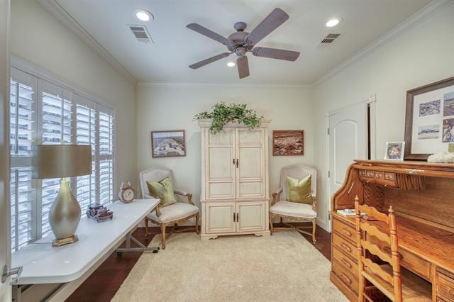 104 Mason Ct, Horseshoe Bay, TX 78657 - sitting room with ornamental molding, recessed lighting, a ceiling fan, and baseboards
