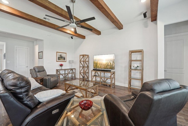 3113 Capra Cv, Round Rock, TX 78665 - living area featuring a ceiling fan, wood finished floors, beam ceiling, and baseboards