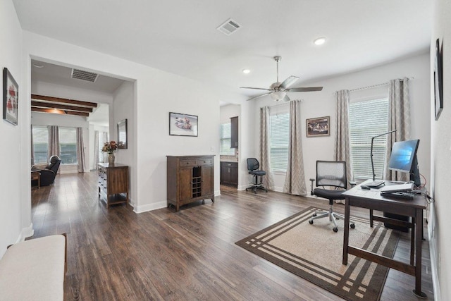3113 Capra Cv, Round Rock, TX 78665 - office area with dark wood-type flooring, a ceiling fan, baseboards, and recessed lighting