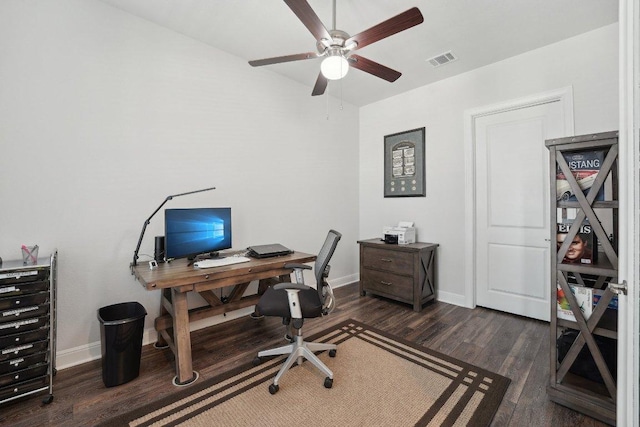 3113 Capra Cv, Round Rock, TX 78665 - office area featuring wood finished floors, ceiling fan, and baseboards