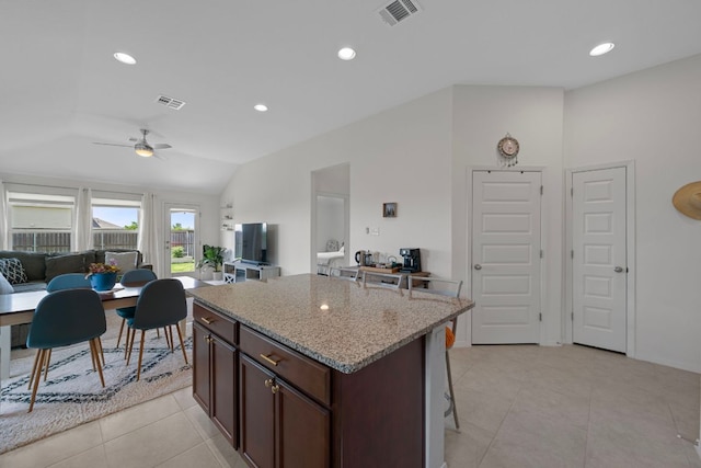 311 Spiny Lizard Ln, San Marcos, TX 78666 - kitchen with open floor plan, light stone countertops, vaulted ceiling, a kitchen breakfast bar, and a ceiling fan