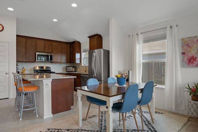 311 Spiny Lizard Ln, San Marcos, TX 78666 - kitchen with stainless steel appliances, a center island, decorative backsplash, plenty of natural light, and vaulted ceiling