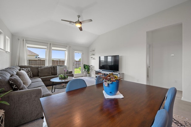 311 Spiny Lizard Ln, San Marcos, TX 78666 - dining room with a ceiling fan and lofted ceiling