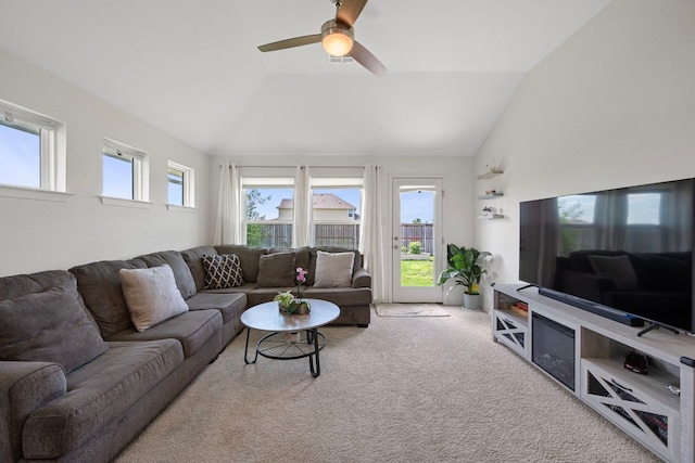 311 Spiny Lizard Ln, San Marcos, TX 78666 - carpeted living room featuring vaulted ceiling and ceiling fan