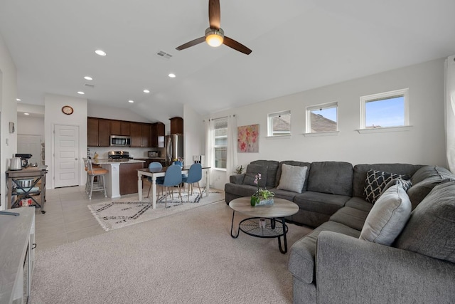 311 Spiny Lizard Ln, San Marcos, TX 78666 - living area featuring vaulted ceiling, ceiling fan, recessed lighting, and light tile patterned floors