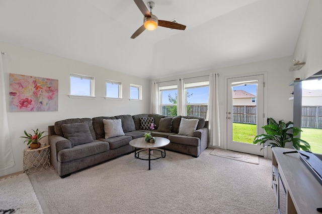 311 Spiny Lizard Ln, San Marcos, TX 78666 - living area with vaulted ceiling, plenty of natural light, light carpet, and ceiling fan