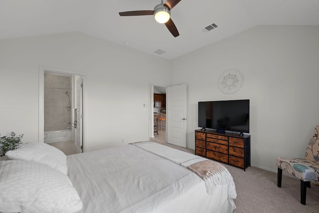 311 Spiny Lizard Ln, San Marcos, TX 78666 - bedroom featuring lofted ceiling, carpet, a ceiling fan, ensuite bath, and baseboards