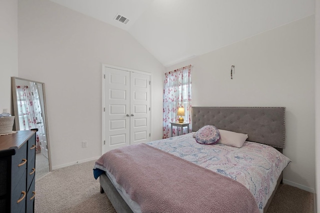 311 Spiny Lizard Ln, San Marcos, TX 78666 - bedroom featuring carpet floors, lofted ceiling, a closet, and baseboards