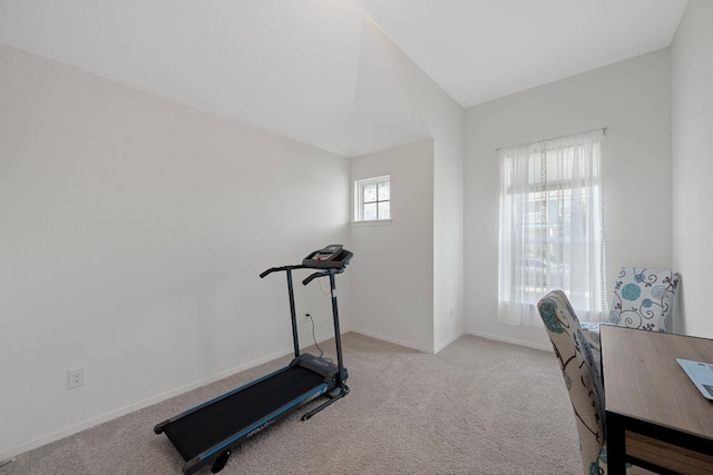 311 Spiny Lizard Ln, San Marcos, TX 78666 - exercise room featuring carpet flooring, baseboards, and vaulted ceiling