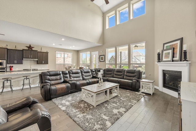 19325 Tristan Stone Dr, Pflugerville, TX 78660 - living room featuring a glass covered fireplace, wood finished floors, healthy amount of natural light, a towering ceiling, and ceiling fan