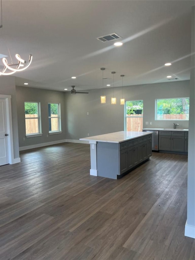 401 E Carrie St, Manor, TX 78653 - kitchen featuring gray cabinets, open floor plan, dark wood finished floors, healthy amount of natural light, and recessed lighting