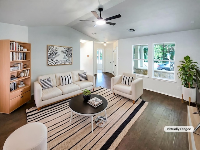 18132 Great Basin Ave, Pflugerville, TX 78660 - living area featuring lofted ceiling, dark wood-style flooring, and a ceiling fan