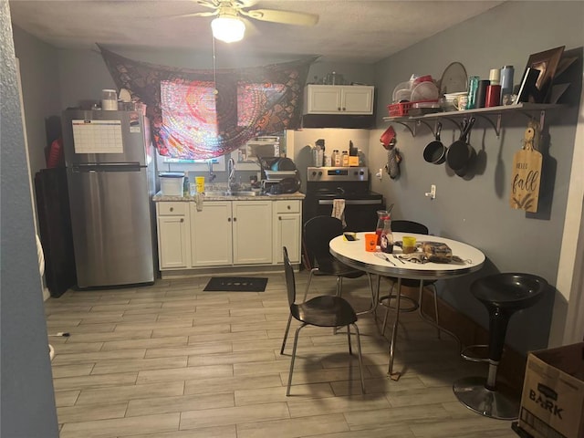 142 N Kowald Ln, New Braunfels, TX 78130 - kitchen with freestanding refrigerator, a sink, a ceiling fan, and light wood-style flooring