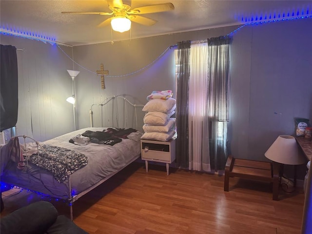 142 N Kowald Ln, New Braunfels, TX 78130 - bedroom with wood finished floors, ceiling fan, a textured ceiling, and crown molding