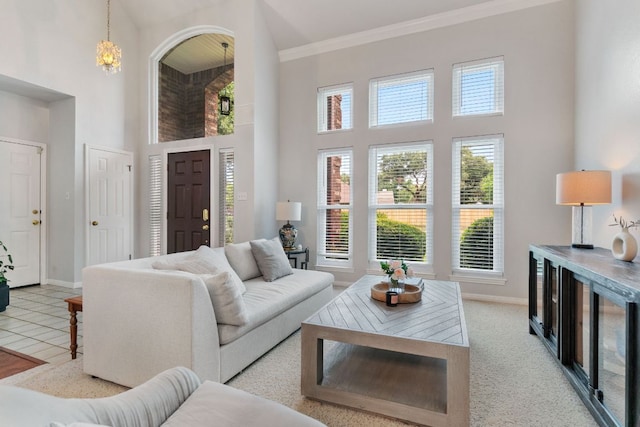 16803 Black Kettle Dr, Leander, TX 78641 - living area with a high ceiling and crown molding