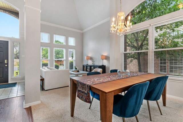 16803 Black Kettle Dr, Leander, TX 78641 - dining area with high vaulted ceiling, a chandelier, and crown molding