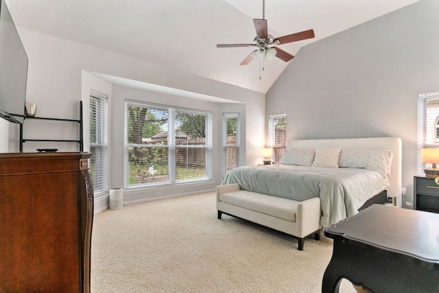 16803 Black Kettle Dr, Leander, TX 78641 - bedroom with carpet floors, multiple windows, high vaulted ceiling, and a ceiling fan