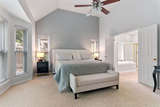 16803 Black Kettle Dr, Leander, TX 78641 - bedroom featuring light carpet, high vaulted ceiling, connected bathroom, and ceiling fan