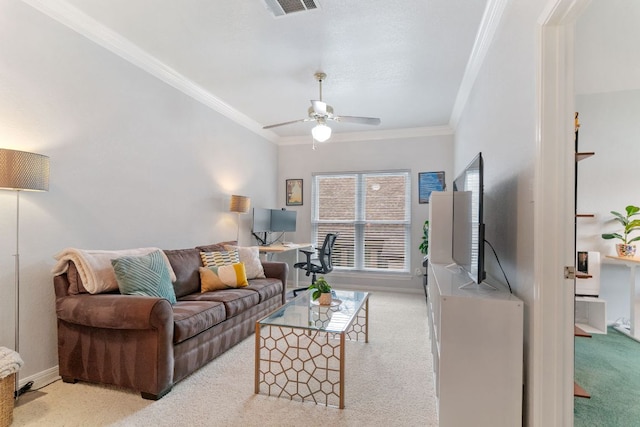 16803 Black Kettle Dr, Leander, TX 78641 - carpeted living room featuring crown molding and ceiling fan