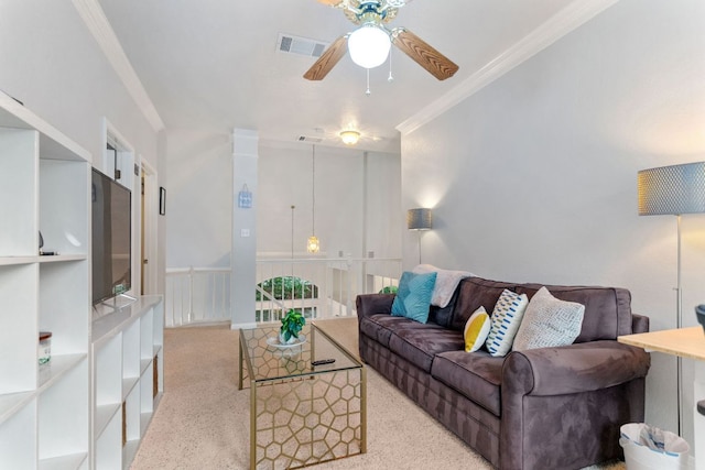 16803 Black Kettle Dr, Leander, TX 78641 - living area with crown molding, ceiling fan, and carpet