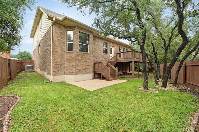 8328 Alophia Dr, Austin, TX 78739 - rear view of property featuring central air condition unit, a wooden deck, brick siding, stairway, and a patio area