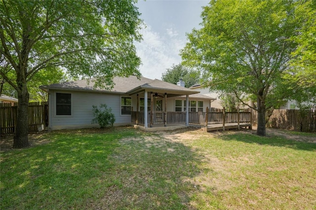 728 Stokesay Castle Path, Pflugerville, TX 78660 - rear view of house featuring a ceiling fan, a fenced backyard, and a chimney