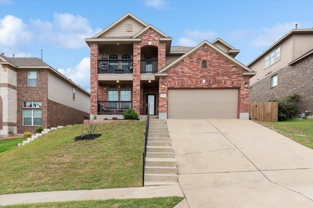 1366 Red Stag Pl, Round Rock, TX 78665 - traditional-style home featuring a balcony, driveway, brick siding, a garage, and covered porch