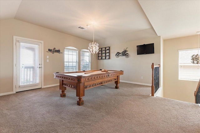 1366 Red Stag Pl, Round Rock, TX 78665 - rec room with carpet, billiards table, a chandelier, and lofted ceiling
