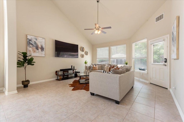 1366 Red Stag Pl, Round Rock, TX 78665 - living room with high vaulted ceiling, light tile patterned flooring, and ceiling fan