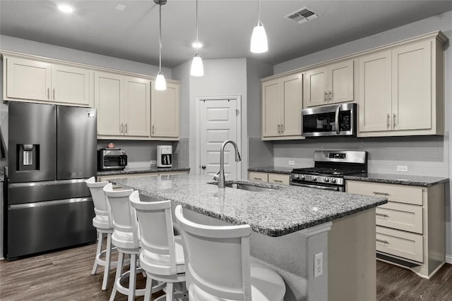 12705 Twisted Root Dr, Manchaca, TX 78652 - kitchen with stainless steel appliances, dark wood-style floors, an island with sink, and light stone countertops
