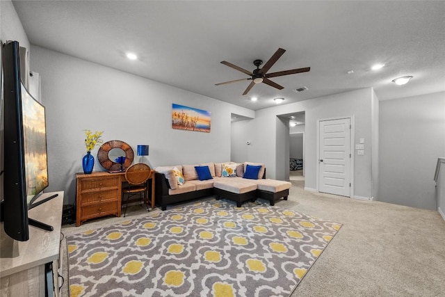 12705 Twisted Root Dr, Manchaca, TX 78652 - living area with ceiling fan, carpet floors, and recessed lighting