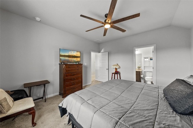 12705 Twisted Root Dr, Manchaca, TX 78652 - carpeted bedroom featuring a ceiling fan, lofted ceiling, and ensuite bath
