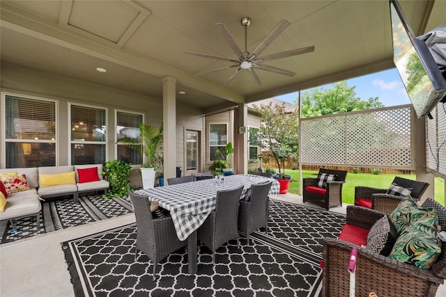 12705 Twisted Root Dr, Manchaca, TX 78652 - view of patio / terrace featuring outdoor lounge area, ceiling fan, and outdoor dining space