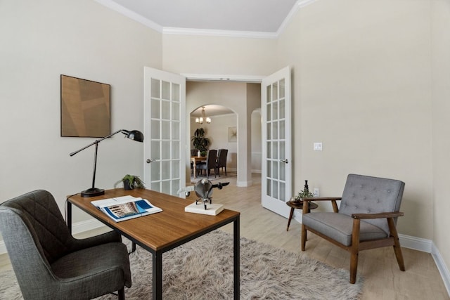 609 Glacial Stream Ln, Cedar Park, TX 78613 - office with french doors, arched walkways, light wood-style flooring, crown molding, and baseboards