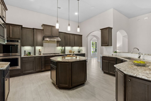 609 Glacial Stream Ln, Cedar Park, TX 78613 - kitchen featuring double oven, a sink, arched walkways, under cabinet range hood, and decorative backsplash