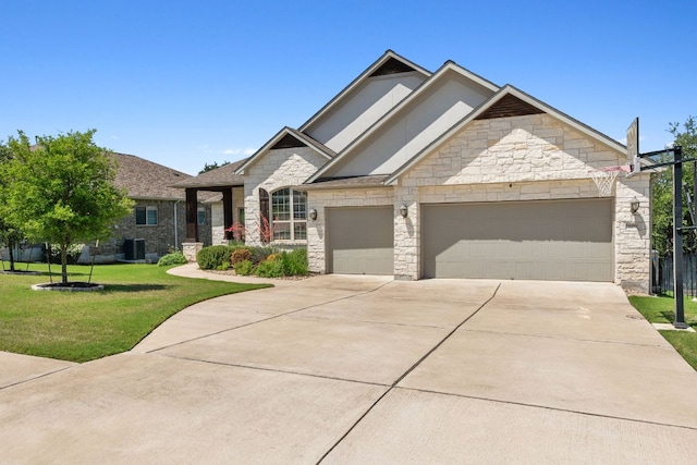 609 Glacial Stream Ln, Cedar Park, TX 78613 - french provincial home featuring stone siding, a garage, a front lawn, concrete driveway, and central air condition unit