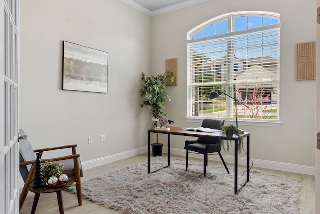 609 Glacial Stream Ln, Cedar Park, TX 78613 - office space featuring crown molding, healthy amount of natural light, baseboards, and wood finished floors
