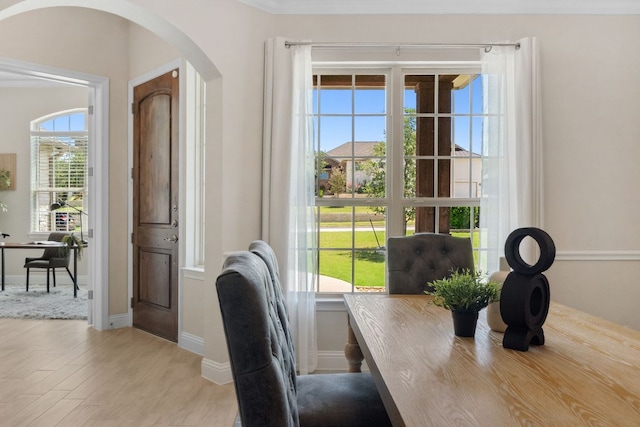 609 Glacial Stream Ln, Cedar Park, TX 78613 - office with arched walkways, light wood-type flooring, and baseboards