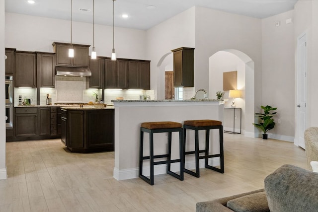 609 Glacial Stream Ln, Cedar Park, TX 78613 - kitchen with under cabinet range hood, arched walkways, decorative backsplash, dark brown cabinetry, and light wood-type flooring