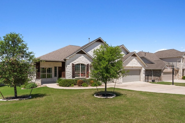609 Glacial Stream Ln, Cedar Park, TX 78613 - view of front of property with stone siding, concrete driveway, a garage, a front lawn, and roof with shingles