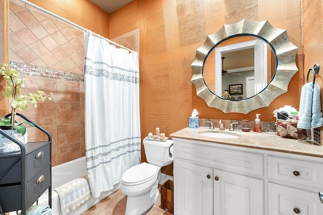 104 Porto Cima Ct, Austin, TX 78738 - full bath featuring vanity, shower / tub combo, a ceiling fan, and tile patterned floors