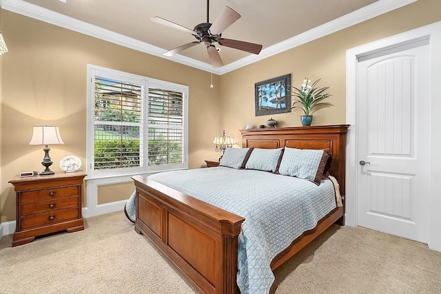 104 Porto Cima Ct, Austin, TX 78738 - bedroom featuring light carpet, ornamental molding, and a ceiling fan