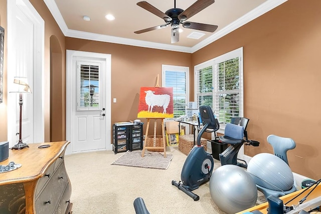 104 Porto Cima Ct, Austin, TX 78738 - workout area featuring ceiling fan, ornamental molding, carpet flooring, and recessed lighting