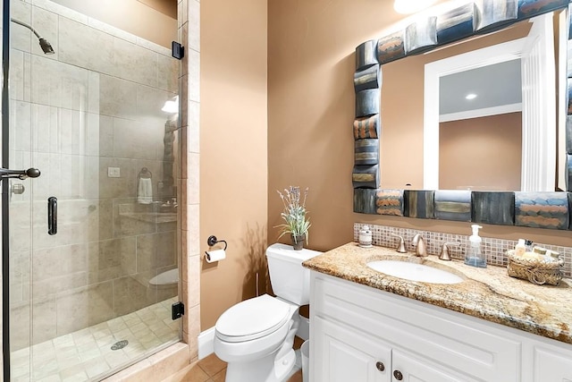 104 Porto Cima Ct, Austin, TX 78738 - bathroom with vanity, a stall shower, and tile patterned flooring
