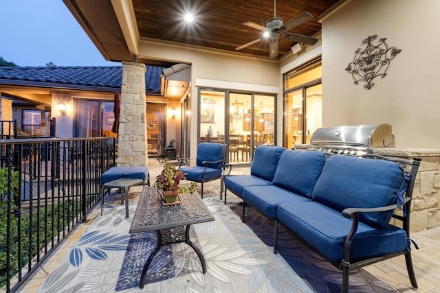 104 Porto Cima Ct, Austin, TX 78738 - view of patio featuring an outdoor living space, ceiling fan, and exterior kitchen