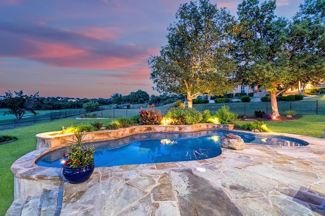 104 Porto Cima Ct, Austin, TX 78738 - pool at dusk featuring a fenced backyard and a patio area
