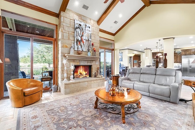 104 Porto Cima Ct, Austin, TX 78738 - living area featuring a stone fireplace, beam ceiling, high vaulted ceiling, a ceiling fan, and recessed lighting