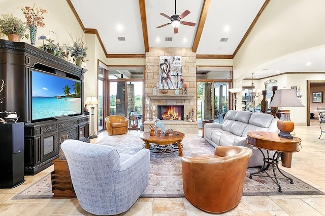104 Porto Cima Ct, Austin, TX 78738 - living area featuring a ceiling fan, crown molding, a fireplace, plenty of natural light, and recessed lighting