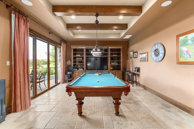 104 Porto Cima Ct, Austin, TX 78738 - recreation room with stone tile flooring, pool table, beamed ceiling, a tray ceiling, and recessed lighting